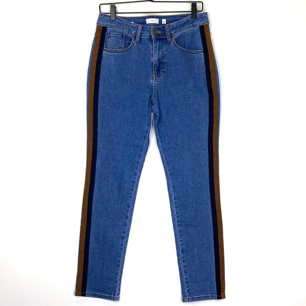 A Loves A Tuxedo Stripe Jeans Womens Sz 28 Blue Mid Rise Straight Leg Stretch